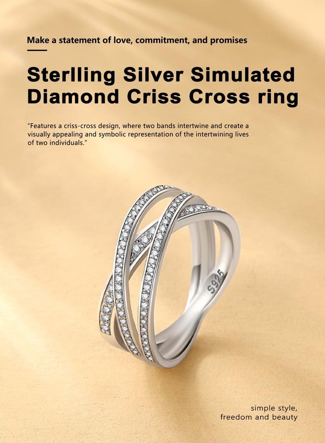 Bestyle 925 Sterling Silver Criss Cross Ring Casual Finger Diamond Ring for Women | Thin Band for Stacking | Simulated Diamond Eternity Wedding Band | Size 8 - Image 5